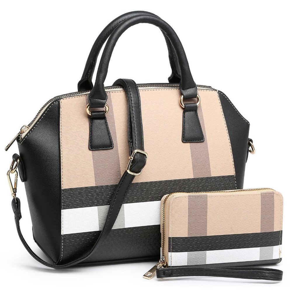Plaid Handbag and Wallet-Black and Tan